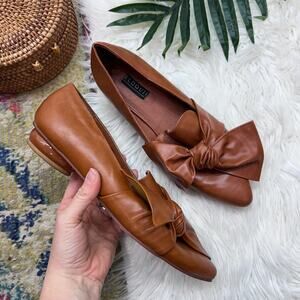 Eloquii Brown Faux Leather Bow Flat 9W WIDE Preppy Feminine